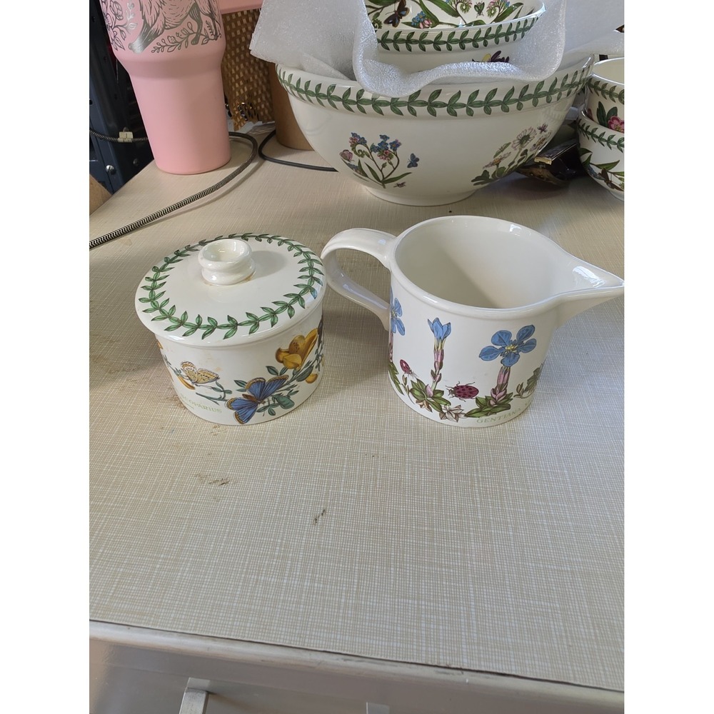 PORTMEIRION BOTANIC GARDEN DRUM-SHAPED CREAMER AND OPEN SUGAR BOWL - MINT
